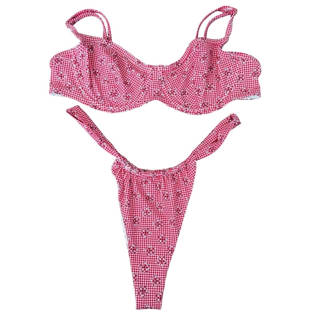 Victoria's Secret PINK Frankies Bikinis Red Gingham Floral Set L/XL Underwire